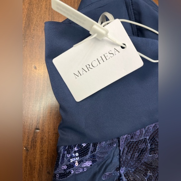 Marchesa Notte Lotus Sequin Midi Dress Size 2 Navy Formal Elegant Party Evening - Picture 12 of 16